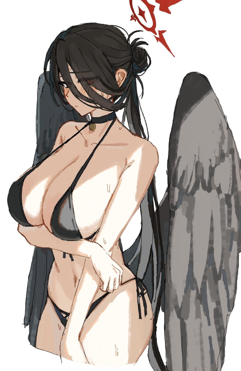 1girl, arm_under_breasts, bikini, black_bikini, black_choker, black_hair, black_wings, blue_archive