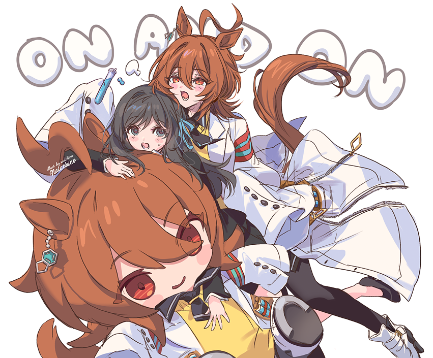 2girls, agnes_tachyon's_trainer, agnes_tachyon_(tach-nology)_(umamusume), agnes_tachyon_(umamusume), ahoge, animal_ear_piercing, animal_ears, artist_name