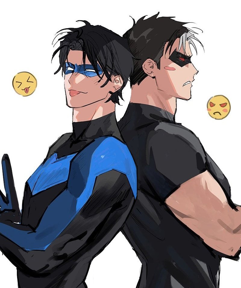 2boys, back-to-back, batman_(series), black_bodysuit, black_gloves, black_hair, bodysuit, brothers