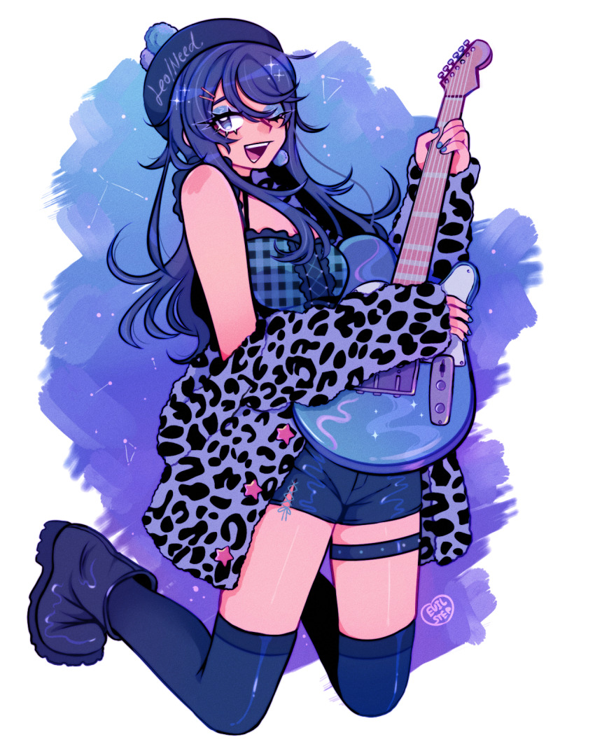 1girl, animal_print, bare_shoulders, blue_boots, blue_coat, blue_eyes, blue_eyeshadow, blue_hair, blue_hat, blue_shirt, blue_shorts, blue_theme, blue_thighhighs, boots, character_request, coat, commentary, constellation, evilstep, eyelashes, eyeshadow, full_body, guitar, hat, highres, holding, holding_guitar, holding_instrument, instrument, kneeling, leopard_print, long_hair, makeup, off_shoulder, one_eye_closed, project_sekai, shirt, shorts, solo, star_(sky), untranslatable_commentary, thighhighs
