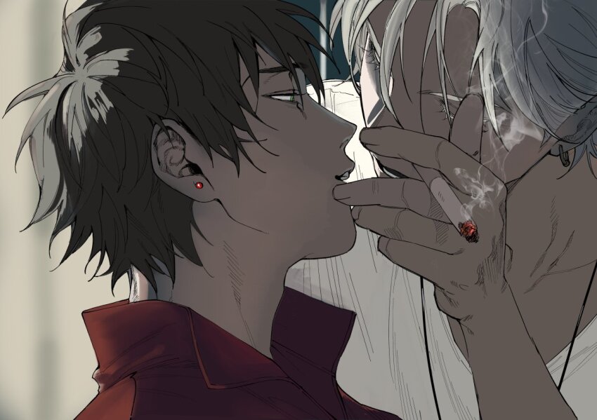2boys, adam's_apple, aohitsugi_samatoki, aohitsugi_samatoki_(tdd_era), bad_id, bad_twitter_id, black_hair, blurry, blurry_background, captive_bead_ring, choppy_bangs, cigarette, closed_eyes, collarbone, collared_shirt, colored_eyelashes, curtained_hair, earrings, eizi, facing_another, fingernails, from_side, green_eyes, hair_between_eyes, half-closed_eyes, hand_up, hatching_(texture), holding, holding_cigarette, hypnosis_mic, imminent_kiss, jewelry, linear_hatching, looking_at_another, male_focus, multiple_boys, muted_color, necklace, official_alternate_costume, parted_lips, piercing, portrait, profile, red_shirt, shirt, short_hair, sidelighting, smoke, smoke_trail, smoking, stud_earrings, very_short_hair, white_hair, white_shirt, yamada_ichiro, yamada_ichiro_(tdd_era), yaoi