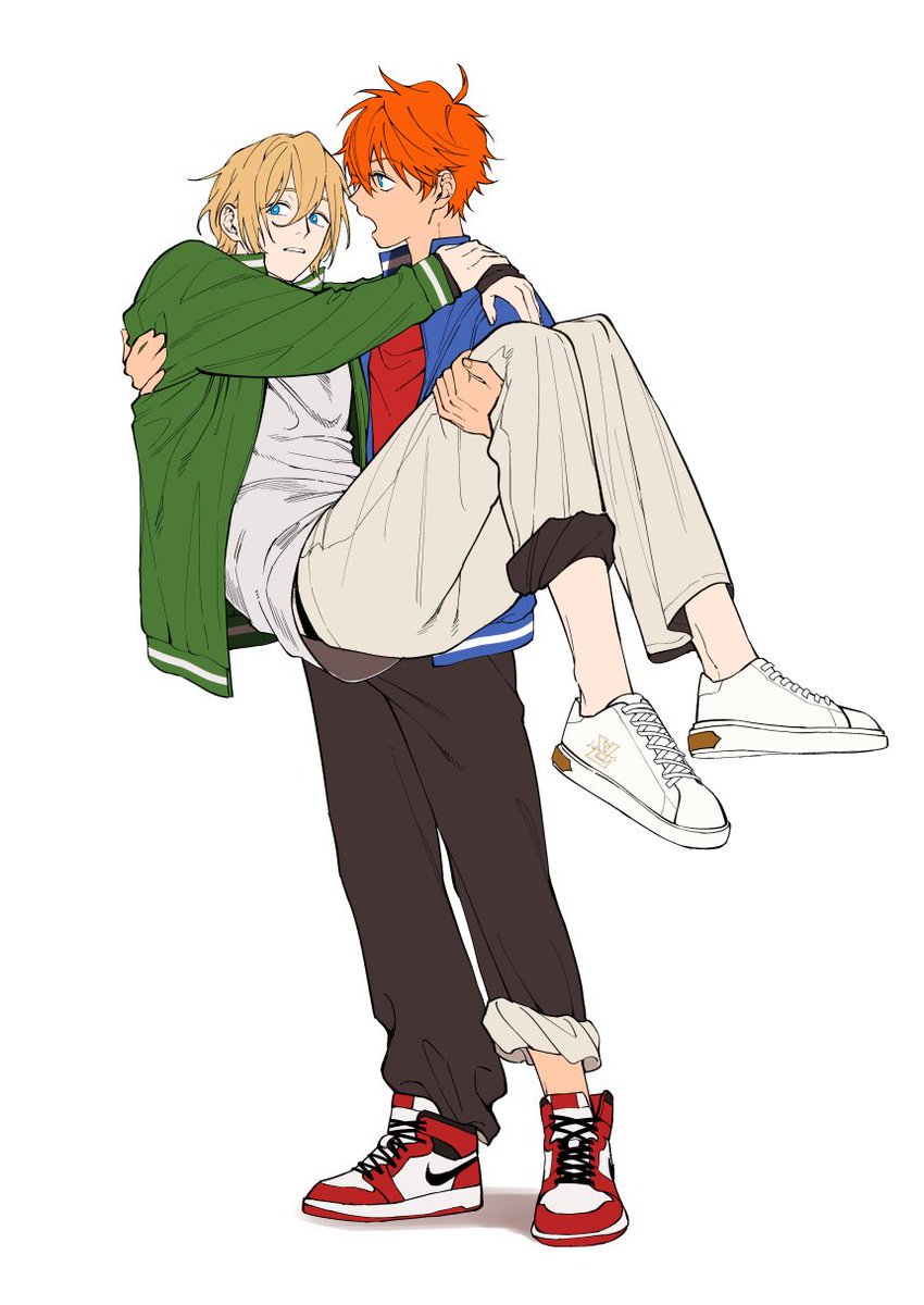 2boys, :o, ahoge, akehoshi_subaru, arms_around_neck, bad_id, bad_twitter_id, black_pants, blonde_hair, blue_eyes, blue_jacket, bright_pupils, carrying, carrying_person, eizi, ensemble_stars!, fingernails, full_body, green_jacket, hair_between_eyes, hand_on_another's_back, hand_on_another's_thigh, high_tops, highres, jacket, long_sleeves, looking_ahead, looking_to_the_side, louis_vuitton_(brand), male_focus, male_underwear, male_underwear_peek, multiple_boys, nike_(company), open_clothes, open_jacket, open_mouth, orange_hair, pale_skin, pants, pants_rolled_up, pants_tucked_in, parted_lips, princess_carry, profile, red_shirt, red_shoes, shadow, shirt, shoes, short_hair, simple_background, sleeves_past_wrists, sneakers, standing, swept_bangs, tenshouin_eichi, track_jacket, two-sided_fabric, two-sided_pants, two-sided_shirt, underwear, very_short_hair, white_background, white_pants, white_pupils, white_shirt, white_shoes
