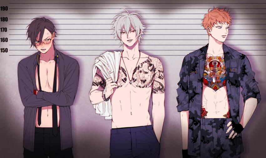 3boys, abs, anchor_tattoo, anger_vein, annoyed, antenna_hair, aohitsugi_samatoki, asymmetrical_bangs