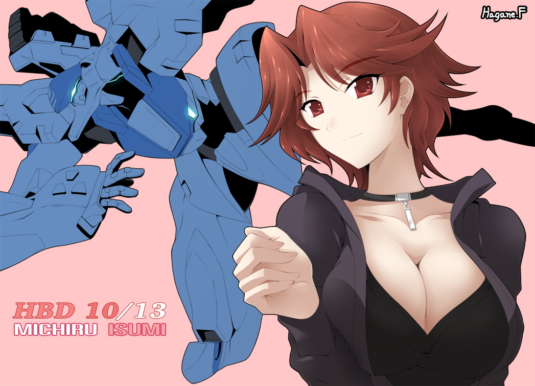 1girl, birthday, breasts, cleavage, female_focus, haganef, huge_breasts, isumi_michiru, jewelry, kimi_ga_ita_kisetsu, mecha, muv-luv, muv-luv_alternative, necklace, red_eyes, red_hair, robot, solo