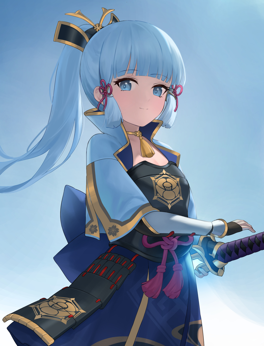 1girl, amenoma_kageuchi_(genshin_impact), arm_guards, armor, armored_dress, ayaka_(genshin_impact), blue_dress, blue_eyes