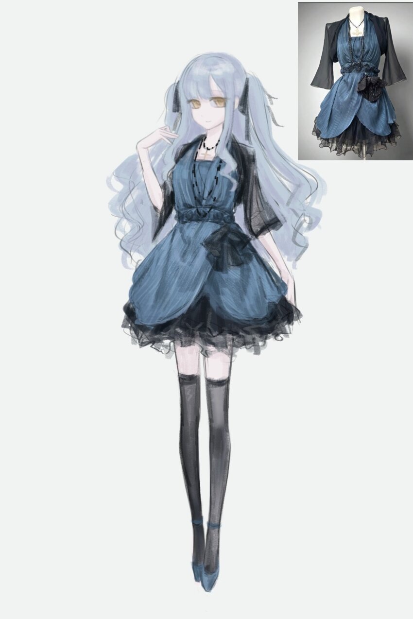 1girl, bang_dream!, bang_dream!_it's_mygo!!!!!, black_ribbon, black_thighhighs, blue_eyes, blue_hair, commentary