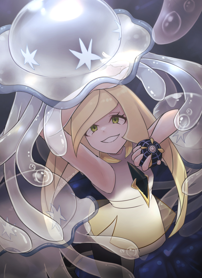 1girl, 517pomme, absurdres, arm_up, beast_ball, black_pantyhose, blonde_hair, brown_eyes