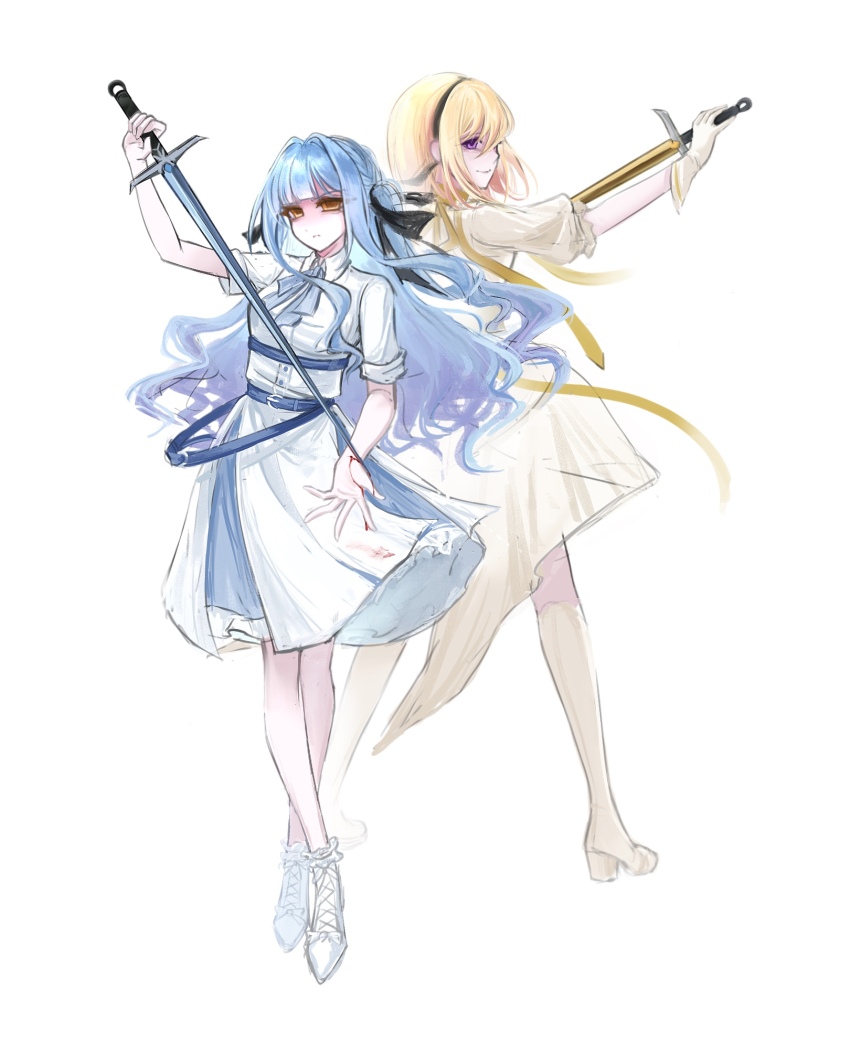 2girls, bang_dream!, bang_dream!_it's_mygo!!!!!, black_hairband, black_ribbon, blonde_hair, blue_hair, boots