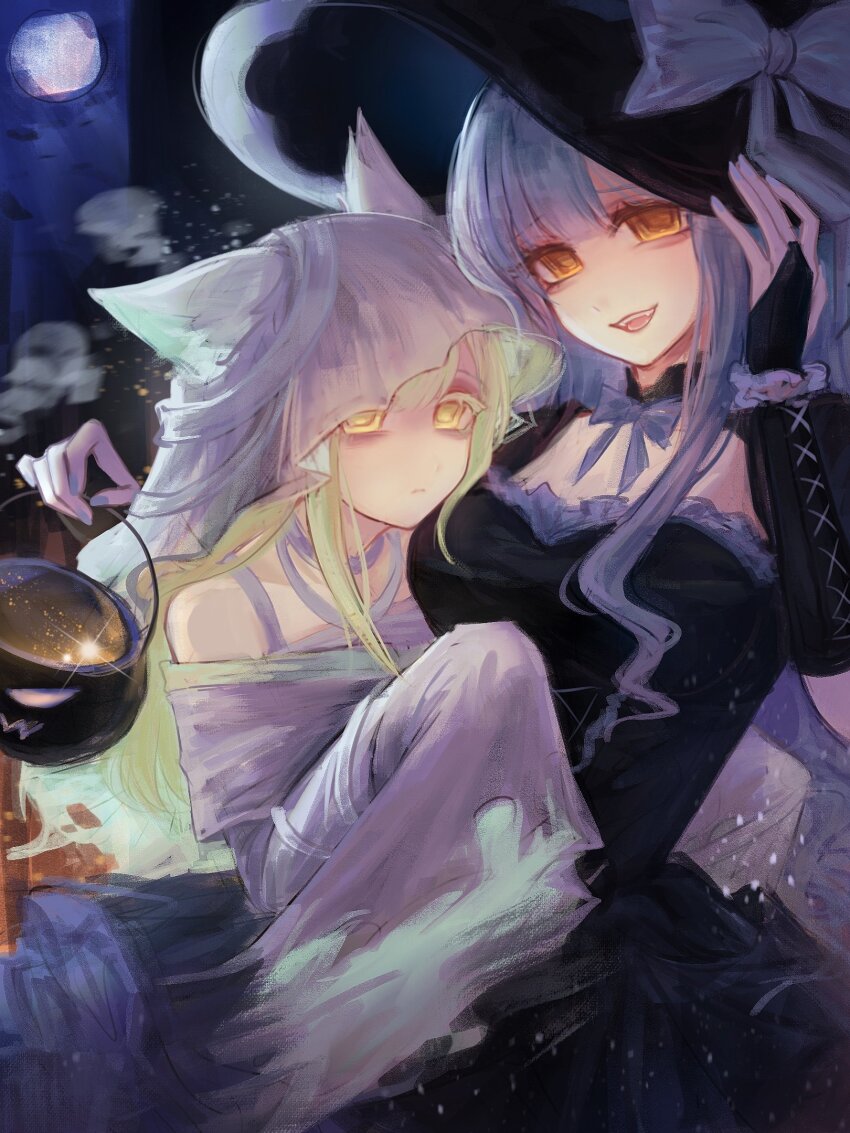 2girls, animal_ears, bang_dream!, bang_dream!_it's_mygo!!!!!, black_dress, black_hat, blue_hair, breasts, bridal_gauntlets, cat_ears, cat_girl, closed_mouth, commentary, dress, ghost_costume, green_hair, halloween, halloween_costume, hat, highres, kemonomimi_mode, long_hair, medium_breasts, multiple_girls, open_mouth, shoushud, untranslatable_commentary, togawa_sakiko, wakaba_mutsumi, witch_hat, yellow_eyes