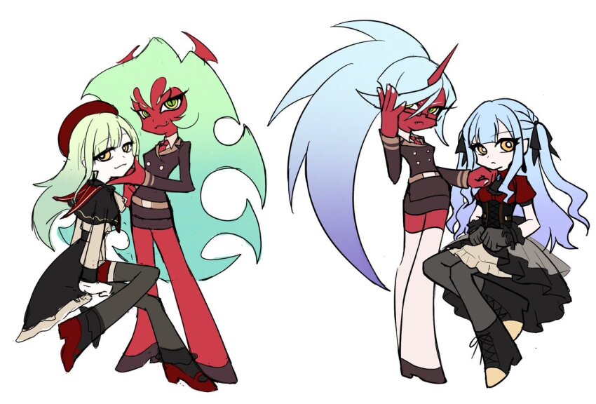 4girls, :3, bang_dream!, bang_dream!_it's_mygo!!!!!, beret, black_capelet, black_corset, black_jacket, black_pantyhose, black_ribbon, black_skirt, blue_hair, capelet, color_connection, colored_skin, commentary, corset, fang, green_hair, hair_color_connection, hair_ribbon, hat, horns, invisible_chair, jacket, kneesocks_(psg), long_hair, mortis_(bang_dream!), mortis_(costume)_(bang_dream!), multiple_girls, oblivionis_(bang_dream!), panty_&amp;_stocking_with_garterbelt, pantyhose, ponytail, red_hat, red_shirt, red_skin, ribbon, scanty_(psg), shirt, short_sleeves, shoushud, sidelocks, simple_background, single_horn, sitting, skirt, untranslatable_commentary, thighhighs, togawa_sakiko, two_side_up, wakaba_mutsumi, white_background, white_thighhighs