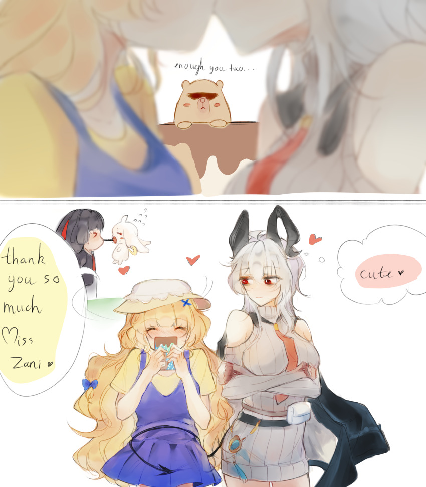 >_<, 2girls, 3girls, abby_(wuthering_waves), absurdres, bare_shoulders, black_horns, black_jacket, black_tail, blonde_hair, blue_dress, breasts, chisa_(wuthering_waves), closed_eyes, clothing_cutout, commentary, crossed_arms, curled_horns, demon_tail, dress, english_text, flying_sweatdrops, grey_dress, grey_hair, hair_between_eyes, hair_ornament, happy, hat, heart, highres, horns, jacket, jacket_on_shoulders, large_breasts, long_hair, looking_at_another, medium_breasts, mikori, multiple_girls, official_alternate_costume, phoebe_(wuthering_waves), red_eyes, shirt, shoulder_cutout, sweater, sweater_dress, tail, white_hat, wuthering_waves, x_hair_ornament, yellow_shirt, yuri, zani_(downtown_repose)_(wuthering_waves), zani_(wuthering_waves)