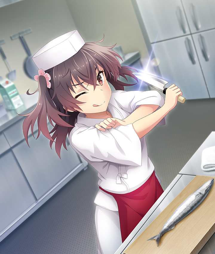 1girl, :q, apron, asakura_mihono, brown_eyes, brown_hair, cabinet, chef