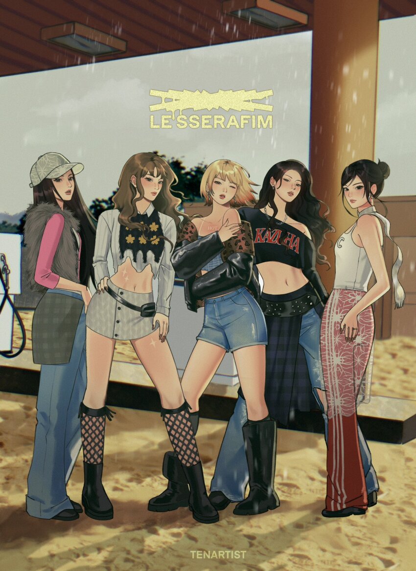 5girls, album_cover, animal_print, ankle_boots, artist_name, baggy_pants, baseball_cap, belt