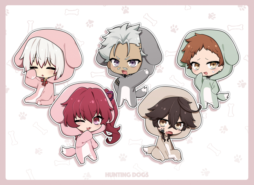 1girl, 4boys, :3, ahoge, animal_costume, animal_ears, animal_hood, bell