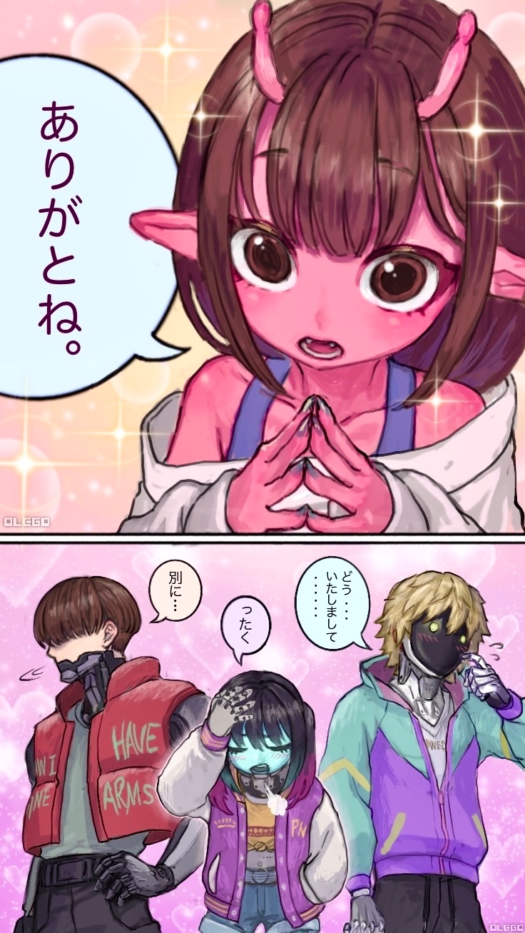 2boys, 2girls, antenna_hair, black_hair, blonde_hair, bob_cut, brown_eyes, brown_hair, closed_eyes, collarbone, colored_skin, commentary_request, crop_top, cyborg, hair_between_eyes, highres, jacket, kujo_chiharu, kurt_cramer, kurusu_makina_(milky_galactic_universe), letterman_jacket, max_mccalister, metal_jaw, midriff, milky_galactic_universe, milky_subway, multiple_boys, multiple_girls, no_mouth, open_mouth, orego, partially_unzipped, pointy_ears, purple_nails, red_skin, red_vest, sparkle, steepled_fingers, translation_request, twintails, vest, windbreaker