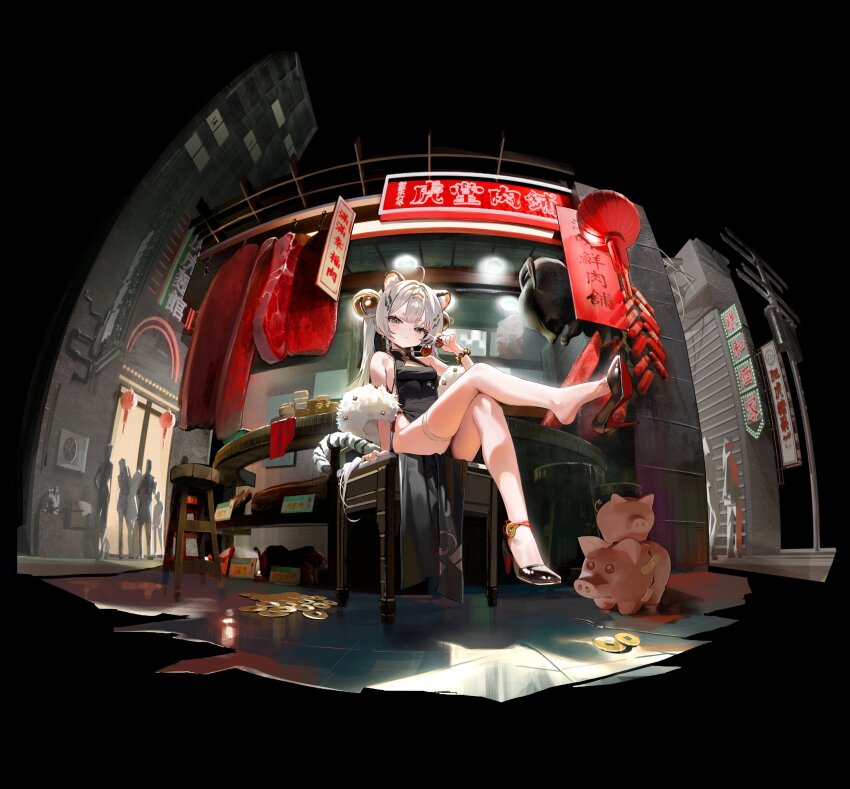 1girl, absurdres, ahoge, animal_ear_fluff, animal_ears, arm_at_side, arm_support, bell