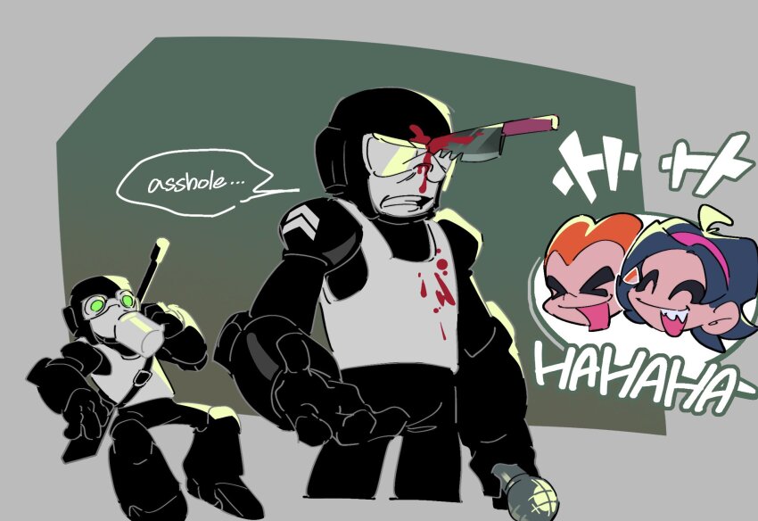 >_<, 1girl, 3boys, angry, armor, bb_zatta, black_hair, blood