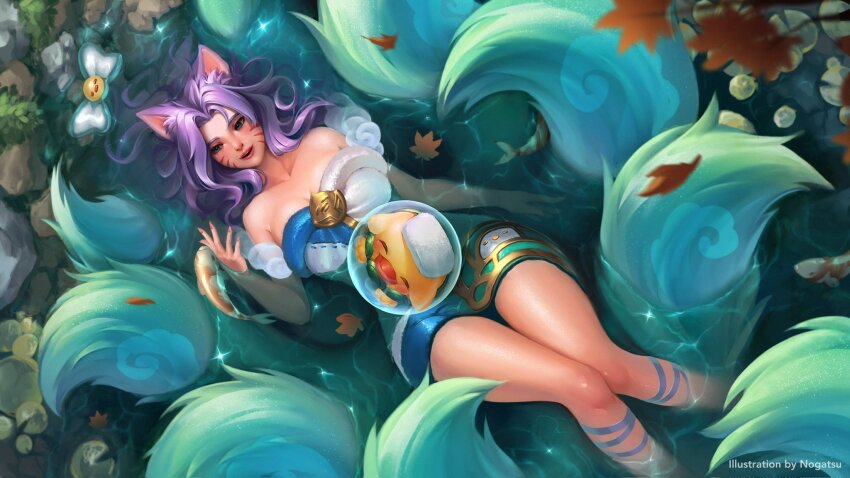 1girl, ahri_(league_of_legends), animal_ears, aqua_tail, arm_at_side, artist_name, bare_arms, bare_shoulders