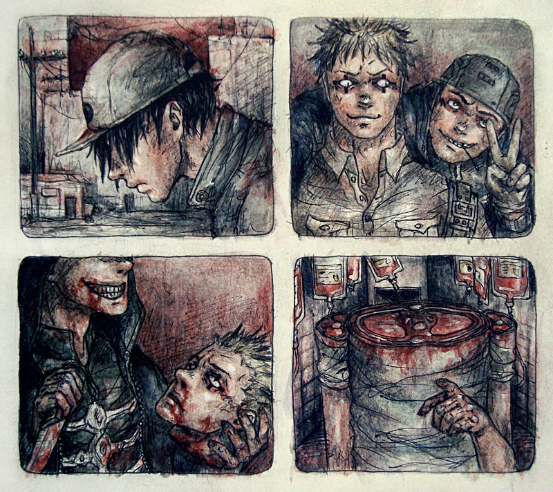 3boys, ai_coleman, aikawa_(dorohedoro), aikawa_you, baseball_cap, black_hair, blonde_hair, blood, decapitation, dorohedoro, gloves, grin, guro, hat, helmet, kai_(dorohedoro), kit-sha, knife, male_focus, multiple_boys, risu_(dorohedoro), severed_head, smile, tattoo, traditional_media, v