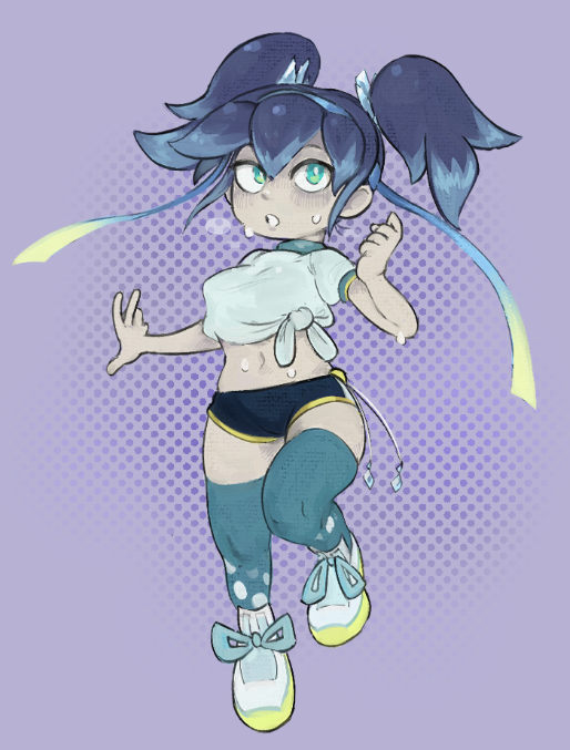 1girl, blue_eyes, blue_hair, blue_thighhighs, breasts, breath, buruma, colored_tips