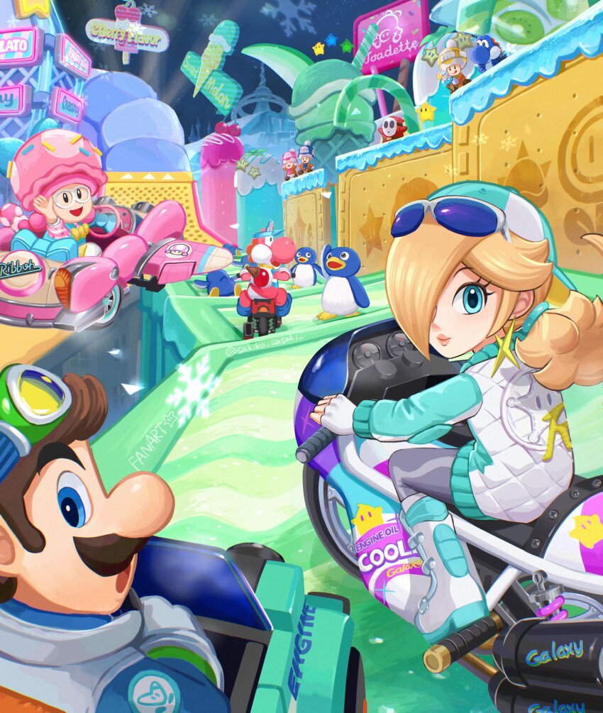 2girls, 4boys, :d, absurdres, backwards_hat, black_eyes, blonde_hair, blue_eyes, blue_toad_(mario), blue_yoshi, brown_hair, car, closed_mouth, double_cherry, driving, eyewear_on_head, facial_hair, fingerless_gloves, gloves, goggles, goggles_on_head, hair_over_one_eye, hat, highres, jacket, long_hair, long_sleeves, looking_at_viewer, looking_back, luigi, luigi_(touring), luma_(mario), mario_(series), mario_kart, mario_kart_world, motor_vehicle, motorcycle, multiple_boys, multiple_girls, mustache, nintendo, official_alternate_costume, on_motorcycle, open_mouth, penguin_(mario), pink_yoshi, red_toad_(mario), rosalina, rosalina_(touring), sasaki_sakiko, shy_guy, smile, steering_wheel, sunglasses, toad_(mario), toadette, toadette_(soft_server), twitter_username, white_gloves, yellow_toad_(mario), yoshi, yoshi_(soft_server)