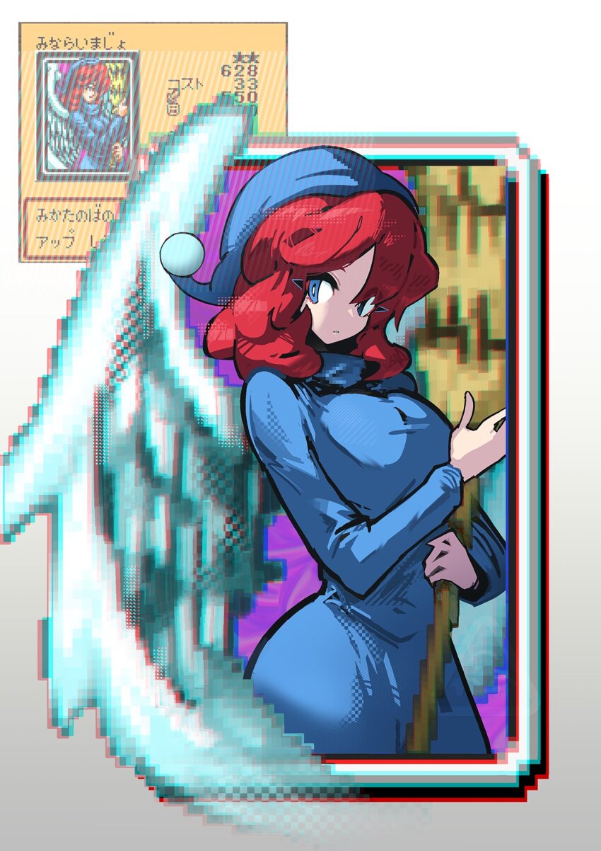 1girl, blue_dress, blue_eyes, blue_hat, breasts, broom, dress, feathered_wings