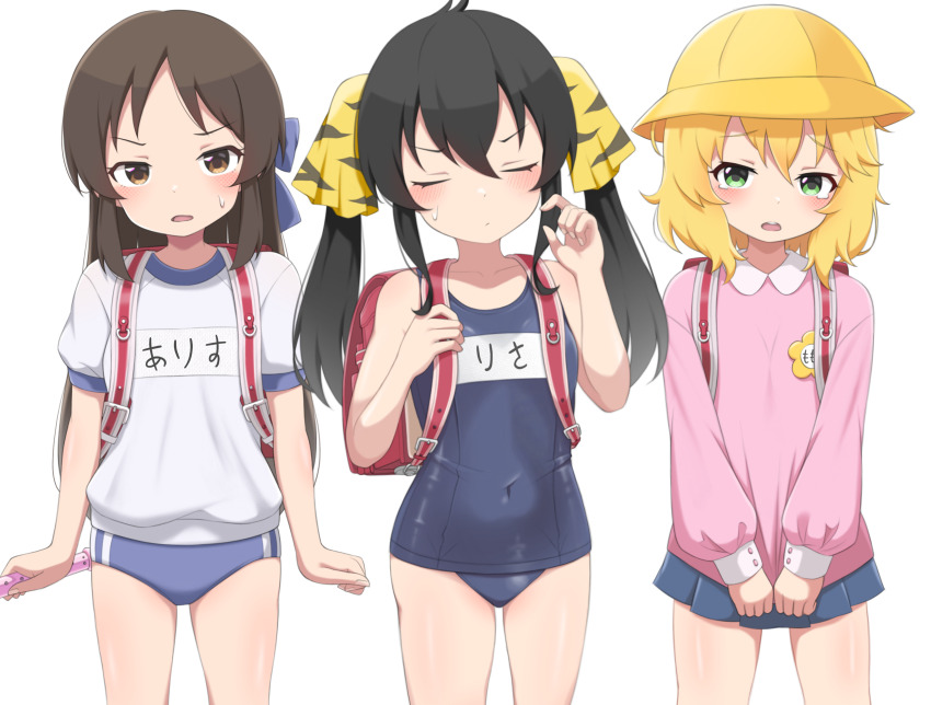 3girls, :o, absurdres, alternate_costume, backpack, bag, black_hair, blonde_hair