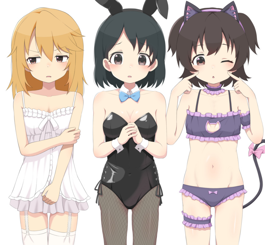 3girls, ;o, absurdres, akagi_miria, alternate_costume, animal_ear_hairband, animal_ears, averting_eyes