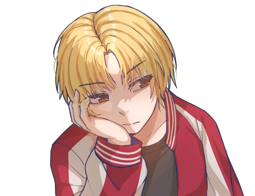 1girl, bang_dream!, bang_dream!_girls_band_party!, black_shirt, blonde_hair, brown_eyes, commentary, english_commentary