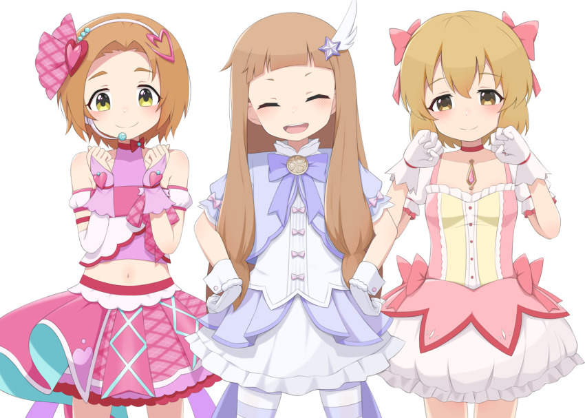 3girls, ^_^, absurdres, blue_archive, blush, brown_hair, closed_eyes, commentary_request, cosplay, cowboy_shot, crop_top, cure_idol, cure_idol_(cosplay), gloves, headset, highres, ichihara_nina, idol_clothes, idolmaster, idolmaster_cinderella_girls, idolmaster_cinderella_girls_u149, kaname_madoka, kaname_madoka_(cosplay), kimi_to_idol_precure, koga_koharu, lineup, looking_at_viewer, mahou_shoujo_madoka_magica, mooramango, multiple_girls, navel, orange_hair, pink_gloves, pink_skirt, precure, reisa_(blue_archive), reisa_(blue_archive)_(cosplay), reisa_(magical)_(blue_archive), ryuzaki_kaoru, simple_background, skirt, smile, stomach, white_background, white_gloves, white_skirt, wrist_cuffs
