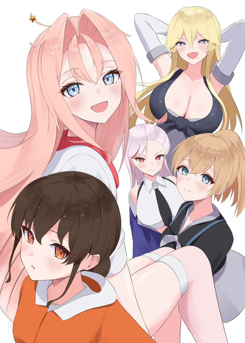 5girls, arms_behind_head, black_necktie, black_shirt, blonde_hair, blue_eyes, blue_jacket, blush