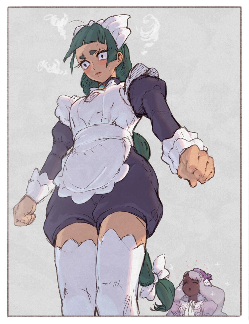 2girls, apron, black_romper, blunt_bangs, blush, bow, bowtie, braid