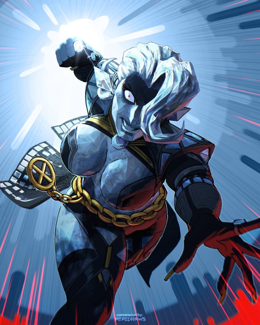 angry, black_dress, black_thighhighs, breasts, chain, cleavage, clenched_hand, diamond_(gemstone)