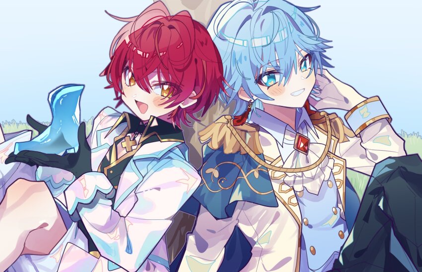 2boys, ascot, black_gloves, black_pants, blue_eyes, blue_hair, blue_sky, blush_stickers