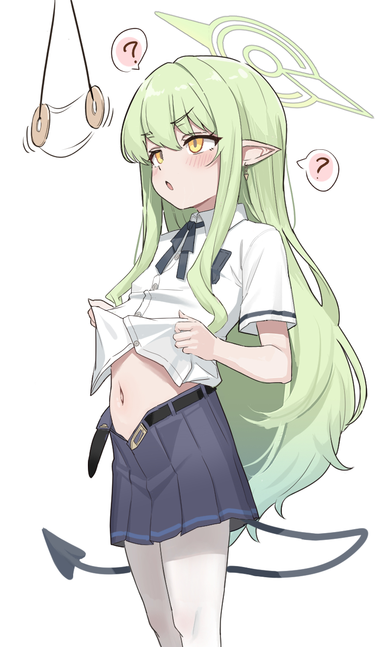 1girl, :o, ?, belt, black_belt, black_bow, black_bowtie, black_tail, blue_archive, blue_skirt, blush, bow, bowtie, clothes_lift, coin, coin_on_string, collared_shirt, demon_tail, earrings, green_hair, green_halo, halo, highres, hikari_(blue_archive), holed_coin, hypnosis, jewelry, loli, long_hair, mind_control, navel, open_mouth, pantyhose, pendulum, pleated_skirt, pointy_ears, romu851170, shirt, shirt_lift, short_sleeves, skirt, tail, white_pantyhose, white_shirt, yellow_eyes