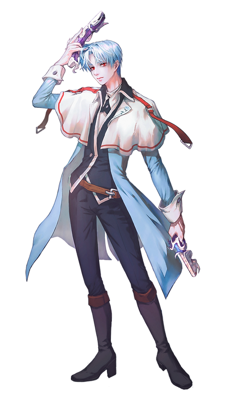 1boy, adjusting_hair, belt, belt_buckle, black_cross_tie, black_vest, blue_coat, blue_sleeves