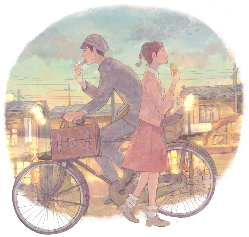1boy, 1girl, :t, bad_id, bad_pixiv_id, bag, bandages, basket, bicycle, braid, brown_hair, cloud, eating, food, from_side, hat, house, kazama_shun, kokurikozaka_kara, komatsuzaki_umi, mouth_hold, pink_skirt, pon_(cielo), power_lines, profile, school_bag, school_uniform, shoes, short_hair, skirt, sky, slice_of_life, socks, studio_ghibli, sweater, twilight, twin_braids, utility_pole, walking