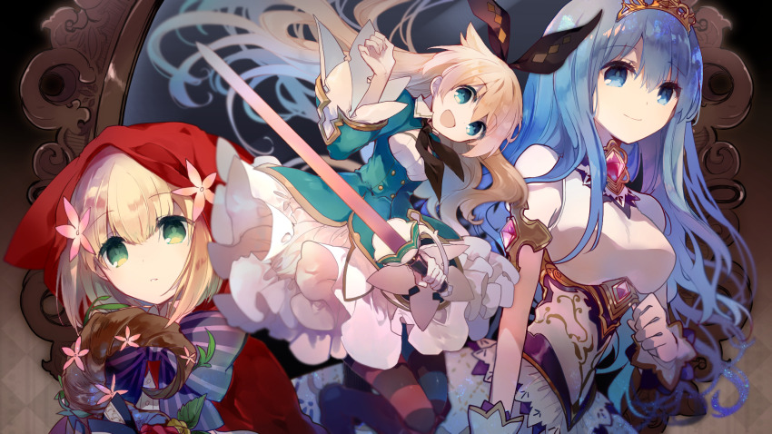3girls, alice_(grimms_notes), alice_(original)_(grimms_notes), aqua_dress, aqua_eyes, asymmetrical_legwear, blonde_hair, blue_eyes