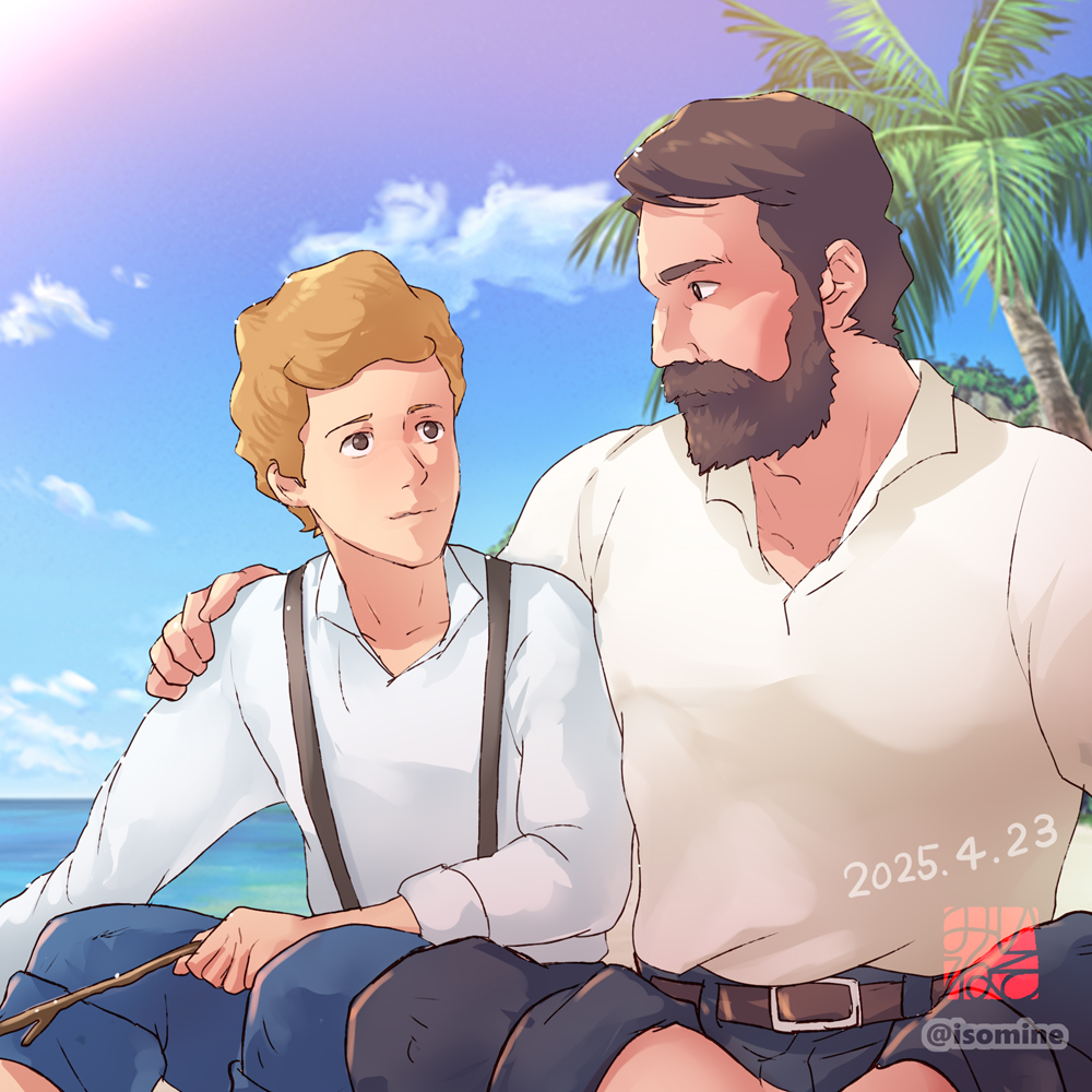 2boys, artist_name, beach, beard, belt, brown_hair, commentary_request, dated, day, ernst_robinson, eye_contact, facial_hair, franz_robinson, hand_on_another's_shoulder, isomine, looking_at_another, male_focus, multiple_boys, outdoors, palm_tree, shirt, short_hair, sitting, suspenders, swiss_family_robinson, tree, white_shirt