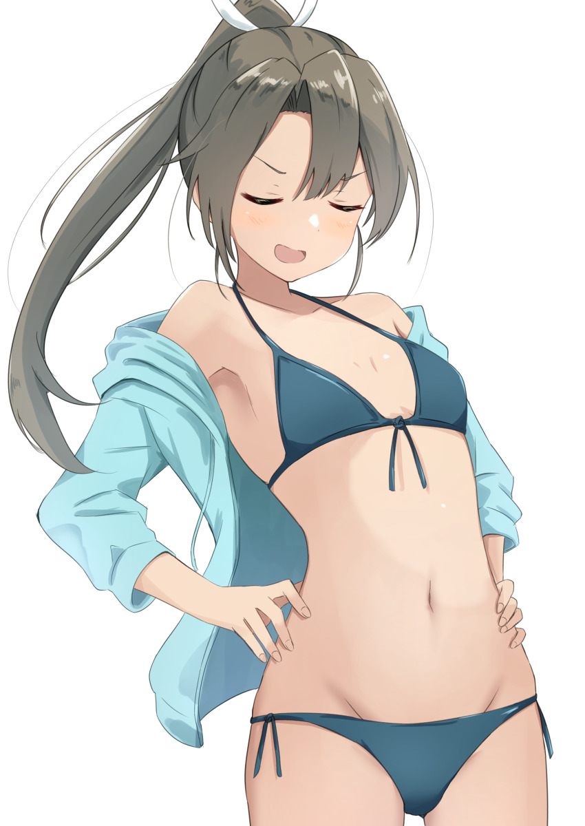 1girl, absurdres, bikini, blue_bikini, blue_jacket, breasts, closed_eyes, commentary_request