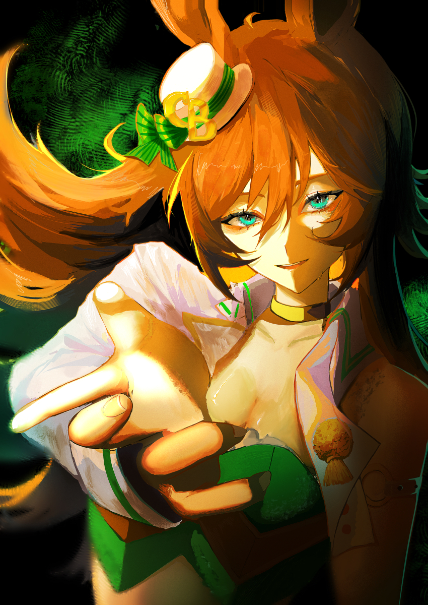 1girl, absurdres, blue_eyes, breasts, brown_hair, cleavage, commentary_request, floating_hair