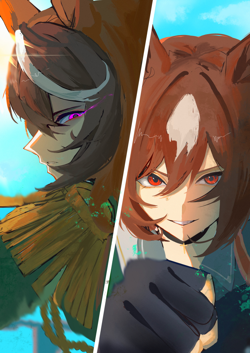 2girls, absurdres, animal_ears, black_gloves, brown_hair, commentary_request, eyes_visible_through_hair, frown