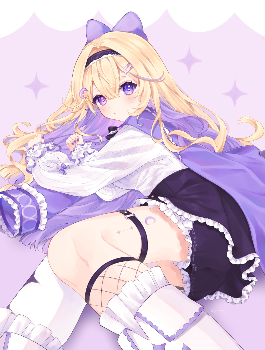 1girl, absurdres, black_corset, black_shorts, boots, breasts, buttons, closed_mouth, coat, corset, creature, fingernails, gold_buttons, hair_between_eyes, hazuki_rui_(vtuber), heterochromia, highres, long_sleeves, looking_at_viewer, lying, medium_breasts, open_clothes, open_coat, puffy_long_sleeves, puffy_sleeves, purple_coat, purple_nails, shirt, shorts, smile, solo, stellarversepro, thighs, virtual_youtuber, white_boots, white_shirt, y_w_uuu