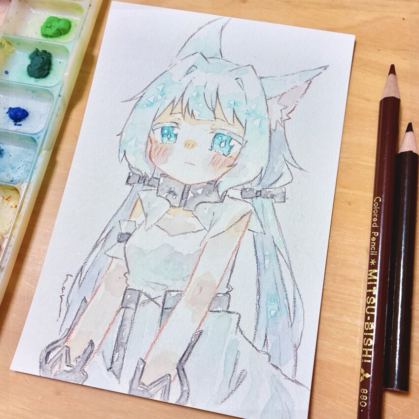 1girl, absurdres, animal_ears, arknights, art_tools_in_frame, blue_eyes, blue_hair, cat_ears