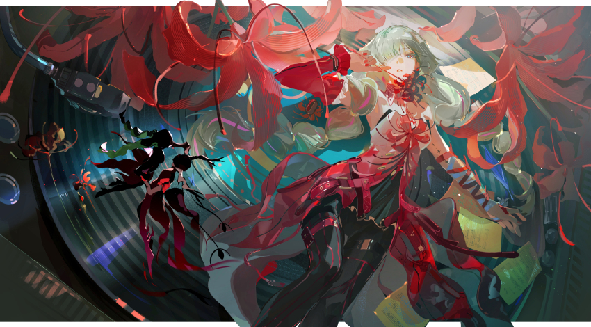 1girl, absurdres, bandage_over_one_eye, bandaged_arm, bandages, black_pantyhose, chinese_commentary, commentary_request