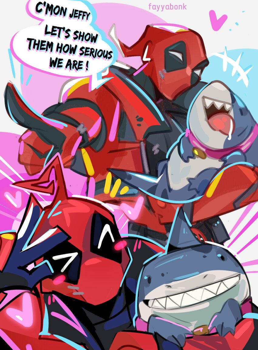 1boy, absurdres, blush, commentary, deadpool, english_commentary, english_text, fangs