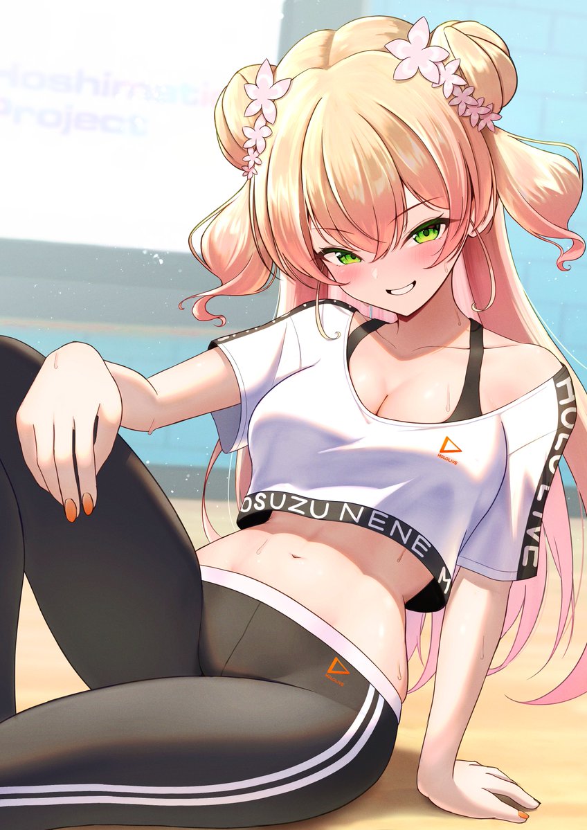 black_pants, blonde_hair, blush, breasts, character_name, cleavage, closed_mouth, clothes_writing