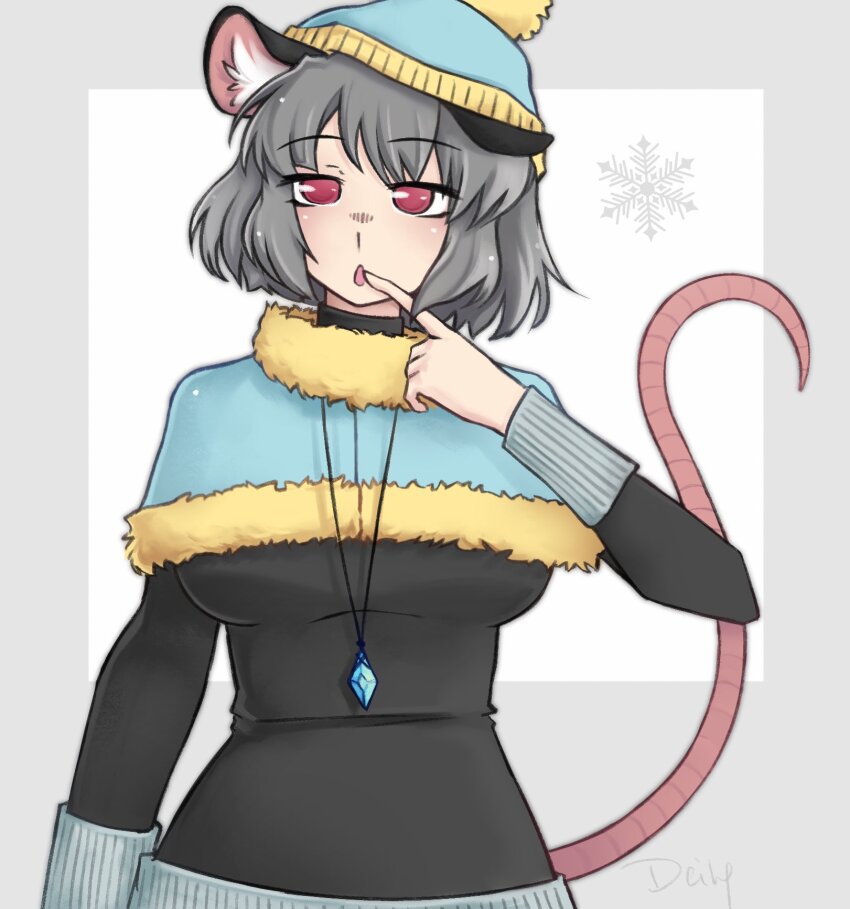 1girl, alternate_breast_size_(larger), animal_ear_fluff, animal_ears, artist_name, black_shirt, blue_capelet, blue_hat