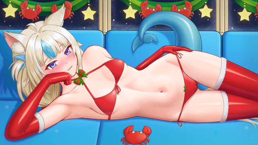 1girl, :3, absurdres, animal_ears, bikini, blonde_hair, blue_eyes, blue_streaks, blush, cat_ears, commentary, elbow_gloves, english_commentary, fins, fish_girl, fish_tail, gloves, halterneck, highres, indie_virtual_youtuber, kaniki_(sameko_saba), kwaiiego, long_hair, looking_at_viewer, multicolored_hair, navel, red_bikini, red_gloves, red_thighhighs, sameko_saba, side-tie_bikini_bottom, smile, solo, streaked_hair, swimsuit, tail, thighhighs, very_long_hair, virtual_youtuber