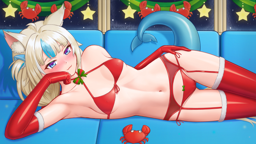 1girl, :3, absurdres, animal_ears, bikini, blonde_hair, blue_eyes, blue_streaks, blush, cat_ears, commentary, elbow_gloves, english_commentary, fins, fish_girl, fish_tail, garter_straps, gloves, halterneck, highres, indie_virtual_youtuber, kaniki_(sameko_saba), kwaiiego, long_hair, looking_at_viewer, multicolored_hair, navel, red_bikini, red_garter_belt, red_garter_straps, red_gloves, red_thighhighs, sameko_saba, side-tie_bikini_bottom, smile, solo, streaked_hair, swimsuit, tail, thighhighs, very_long_hair, virtual_youtuber